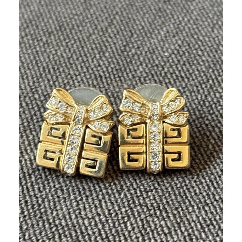 Vtg Givenchy G Logo Gift Box Earrings Rhinestone Bow Gold Tone Signed - Picture 8 of 12